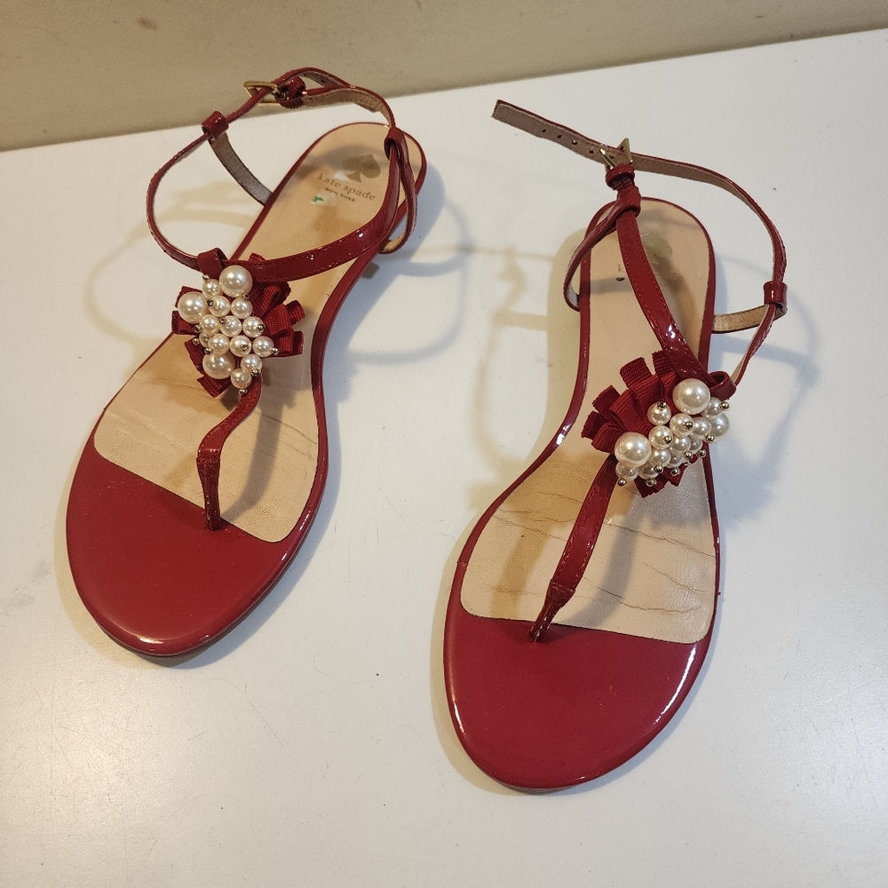 Kate Spade red patent leather t-strap  Sandals with Pearl Embellishments 9M